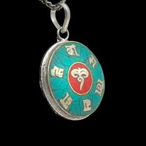 Pendant Turquoise Silver Red Buddha Buddhism Mantra Eyes Buddhas, Gift Women Men, Round, Amulet, Handmade, Nepal, Sanskrit j10