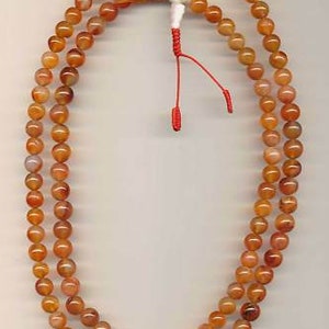 Halsband med pärlor, karneol, pärlemor, rökkvarts, mala, Buddha, ädelsten, 108 Meditation, Buddhism, Gåva, Orange, Röd 19b