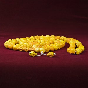 Skull Mala Yellow Necklace Hand Carved Stone Steampunk 18 mm Skull 600g Handmade Opulent Gift Gothic Goa Punk Long Birthday