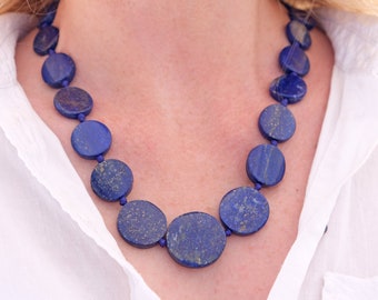 Necklace Gemstone Lapis Lazuli Discs Opulent Blue Gift Gold Ladies Afghan Oriental Evening Jewelry Handmade Smooth 8