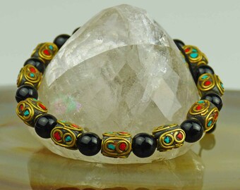 Bracelet Black onyx Brass Turquoise Red 126