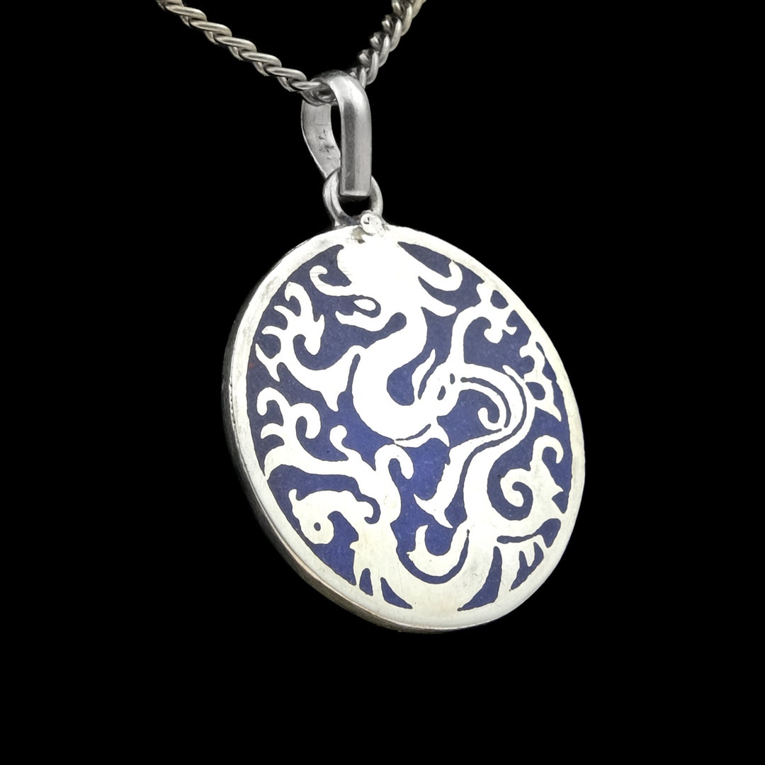Handcrafted Dragon Amulet From Nepal Blue Silver Round Etsy