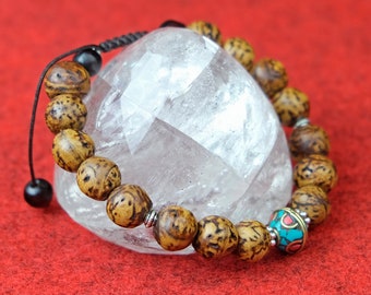 Bracelet avec 15 graines d’arbre Bodhi (10-11 mm) hommes bijoux Nepal s70