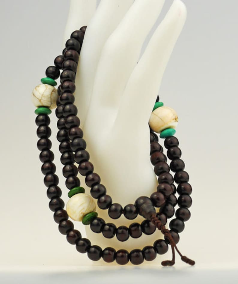 Necklace Mala Black Brown, 108 Beads, Nepalese Craft, Gift, Buddhism, Shell, Turquoise, Meditation, Nepal, Handmade, Brown 49i image 1