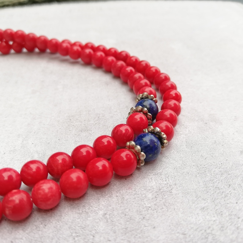 Mala ketting koraal rood, lapis lazuli, edelsteen, 108 parels, rood, wit, cadeau, dames, handgemaakt, Boeddhisme Boeddha, Guru Stupa, Nepal 99 afbeelding 6