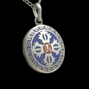 Beautiful double dorje amulet from Nepal, blue, silver, mantra, OM symbol