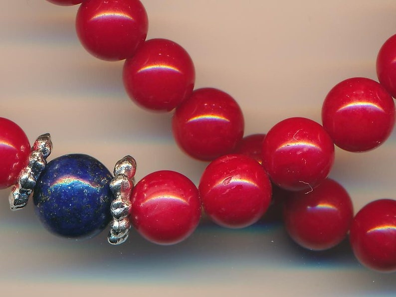 Mala ketting koraal rood, lapis lazuli, edelsteen, 108 parels, rood, wit, cadeau, dames, handgemaakt, Boeddhisme Boeddha, Guru Stupa, Nepal 99 afbeelding 8