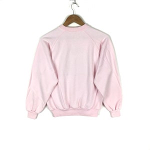May include: A pink crew neck sweatshirt with long sleeves and a ribbed hem.