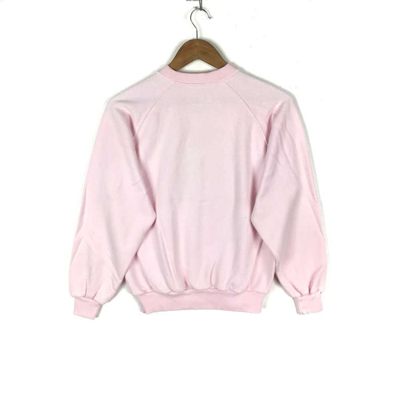 May include: A pink crew neck sweatshirt with long sleeves and a ribbed hem.