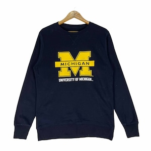 Vintage 90s University of Michigan Sweatshirt Big Logo Spellout Pullover Jumper Women Graduation Gift Navy Blue Colour Size Large