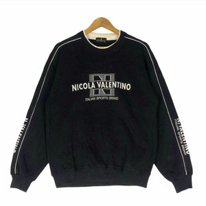 Vintage NICOLA VALENTINO Sweatshirt Spellout Big Logo Black Colour Medium Size Pullover Jumper Crewneck