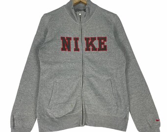 Suéter Nike vintage con cremallera y logo grande bordado, algodón gris (L)