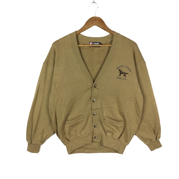 Vintage 90s CHAPS Ralph Lauren Cardigan Sweatshirt Chaps RL Small Dog Logo Embroidery Jumper Medium Size Brown Colour