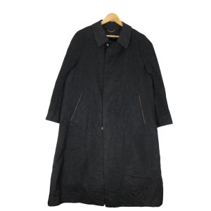 May include: A long, dark grey wool coat with a brown lining. The coat has a collar, a button closure, and two pockets.