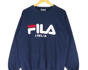 Sweat-shirt vintage des années 90 Fila Spellout Biglogo ras du cou couleur bleu marine taille moyenne