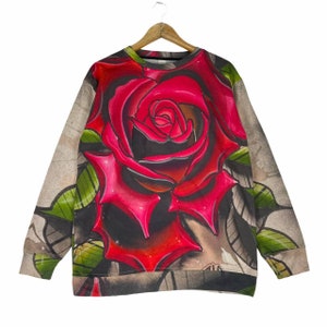 Vintage 90s Flower Sweatshirt Floral Overprint Roses Crewneck Pullover Multi Colour Medium Size Jumper