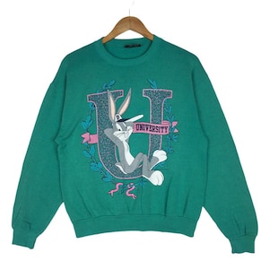 Vintage 90s University Bug Bunny Warner Bros Crewneck Sweatshirt Green Colour Large Size Pullover Jumper