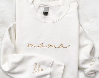 Mama Embroidered sweatshirt/Tshirt/Hoodie, Pregnancy Reveal Gift for New mom Custom Mom Shirt with Kids Names sleeve Mama Sweater