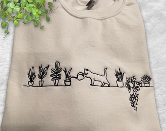 Embroidered Cat Watering Plants Sweatshirt/Tshirt/Hoodie, Plants And Cat Embroidered shirt, Cat Lover Hoodie, Plants Hoodie