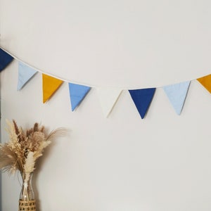 Cotton blue mustard bunting wall decor, Fabric Bunting Banner, Neutral String Banner Nursery wall hanging Wedding decoration bunting