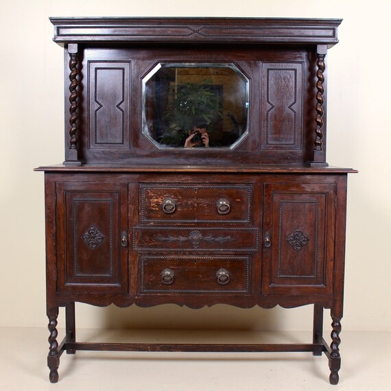 Antique Oak Ebonised Carved Sideboard Mirrored Credenza Buffet Antique Oak Ebonised Carved Sideboard