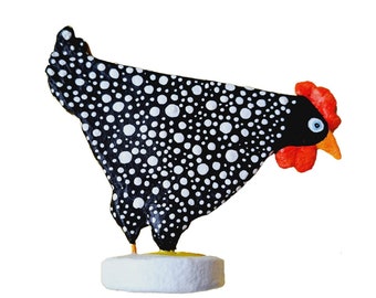 poulet noir à pois blancs, poulet en papier mâché, volaille poule poulet, figurine d'oiseau, poulet en papier mâché, fait main unique, Villaazula