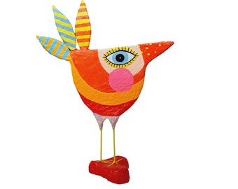 AlbSchnepfe, h environ 23 cm, papier mâché, oiseau en papier mâché, couleurs colorées joyeuses, figure d'oiseau abstraite, Feng Shui, peint à la main