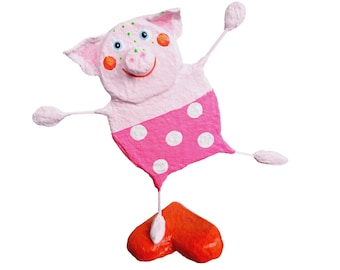 Cochon dansant, h env. 13 cm, papier mâché, petite figurine de cochon, maillot de bain rose à pois blancs, cochon, fait main, peint à la main