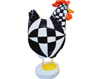 Poulet noir et blanc, figurine d'oiseau, figurine de poulet en style zentangle, poulet en papier mâché, peint à la main, unique, original, Villaazula