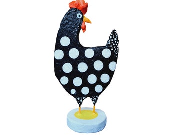 poulet noir à pois blancs, fait à la main en papier mâché et peint à la main, poule, volaille, figure d'oiseau, figurine de poulet, poulet en papier mâché