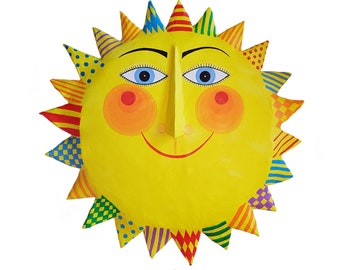 Sonne , d ca 42-43cm, Pappmache, lachendes Sonnengesicht zum Aufhängen, Recyclingkunst, handgefertigt handbemalt, Original Unikat,