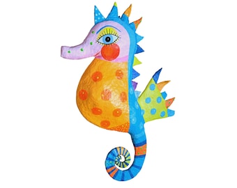 Hippocampe coloré en papier mâché – décoration murale artisanale à suspendre – art animalier marin – style pop art, pièce unique
