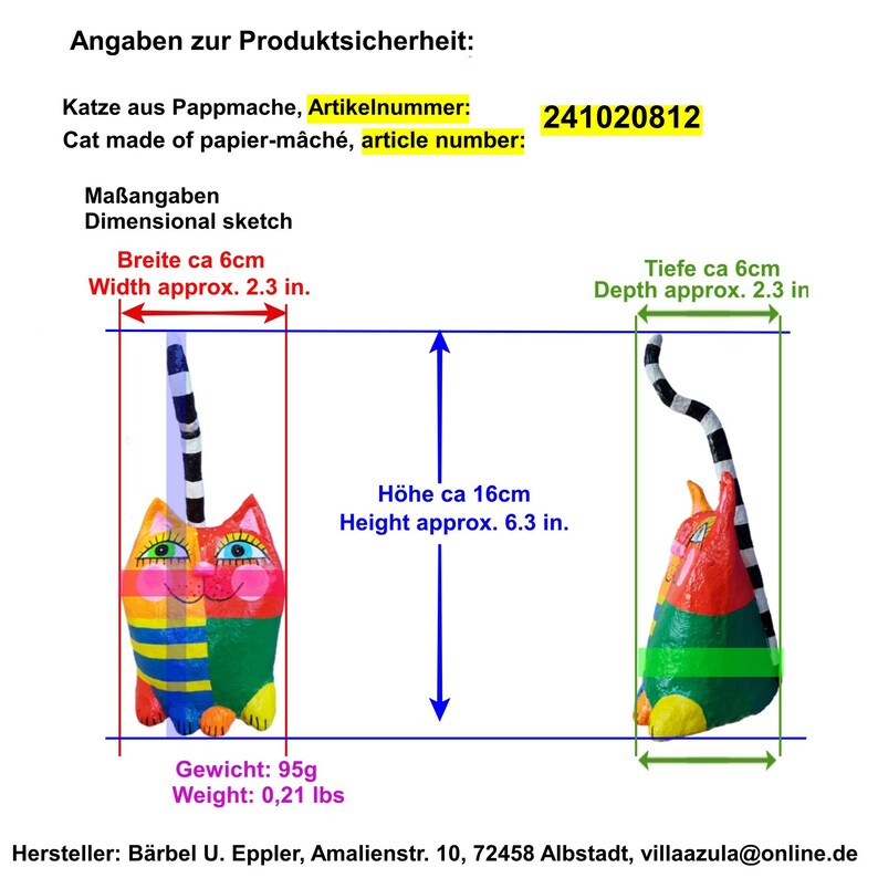 Bunte Pappmaché-Katzenfigur. Die Katze ist ca. 16 cm hoch, 6 cm breit und 6 cm tief. Sie wiegt 95 g. Die Katze hat einen gestreiften Schwanz und ist in leuchtenden Farben bemalt.