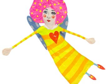 Bunter Engel handgefertigt aus Pappmaché – Moderne naive Kunst – Schutzengel Hängedeko für Wohnraum & Büro – VillaAzula Unikat