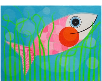 Fisch, Fischbild, Malerei Naive Kunst, Acryl auf Holz, 24x18, Fisch Illustration bunt, Acryl auf Holz, plakativer Malstil, pinker Fisch