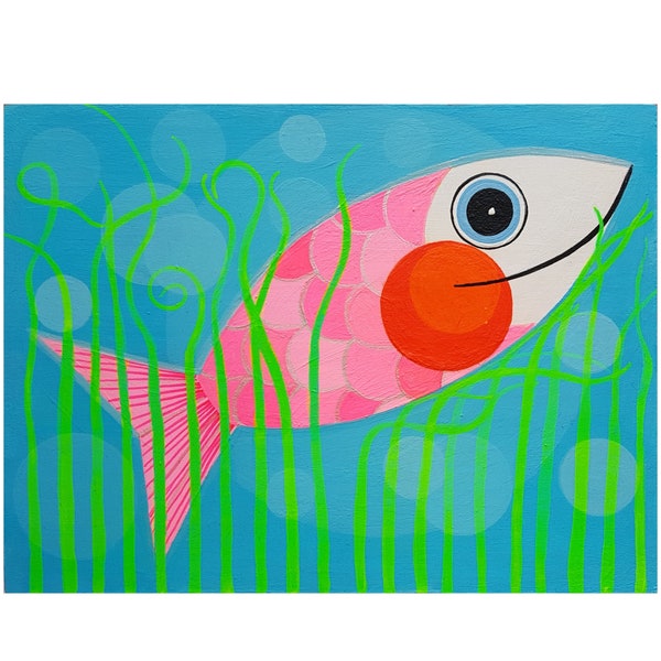 Fisch, Fischbild, Malerei Naive Kunst, Acryl auf Holz, 24x18, Fisch Illustration bunt, Acryl auf Holz, plakativer Malstil, pinker Fisch