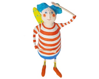 farbenfroher Engel, Engelskulptur, Engel aus Pappmache, farbenfrohe Elfe, witziges Fabelwesen, Recycling von Papier,  h 34cm Pappmache