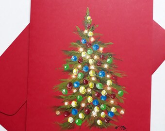 Christmas card. Christmas tree decorated on red. Greeting card, original hand-painted picture, acrylic on paper, unique