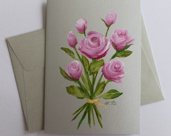Bouquet of roses, greeting card, original hand-painted picture, oil paint on paper, unique