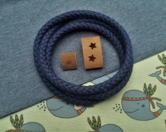 Fabric package whales, cotton jersey, old green, cuff jeans blue, cord dark blue, snappap label