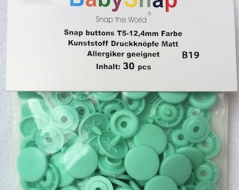 30 BabySnap Druckknöpfe T5 - 12,4 mm, matt, B19- mint, nähfrei, Allergiker geeignet, Kunststoffdruckknöpfe, Öko-Tex