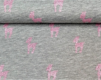 French Terry (12,80 Euro/meter), summer sweat, glitter, bambi, deer, grey, pink glitter, Oeko-Tex Standard 100