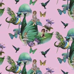 May include: A pink background with a repeating pattern of green mushrooms, butterflies, hummingbirds, and fairies. The fairies are wearing green dresses and have long blonde hair. The mushrooms have white stems and green caps. The butterflies are blue and purple. The hummingbirds are green and blue.