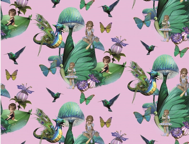 May include: A pink background with a repeating pattern of green mushrooms, butterflies, hummingbirds, and fairies. The fairies are wearing green dresses and have long blonde hair. The mushrooms have white stems and green caps. The butterflies are blue and purple. The hummingbirds are green and blue.