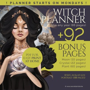 Witch undated planner printable - A4, A5, US - Monthly, Weekly, and Daily Planner - 188 pages + BONUS grimoire pages crystal, herbal & moon