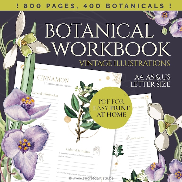 Complete herbal grimoire workbook printable (PDF) - 400 botanicals, 800 pages - Book of shadows - botanical field guide - herbal magic