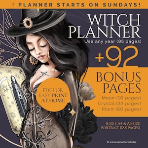 Witch undated planner printable - A4, A5, US - Monthly, Weekly, and Daily Planner - 188 pages + BONUS grimoire pages crystal, herbal & moon