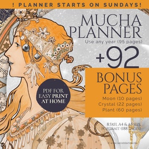 Alphonse Mucha undated planner printable - 3 sizes - Monthly, Weekly, and Daily Planner - 188 pages + BONUS grimoire pages - Mucha journal
