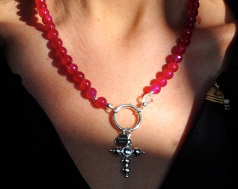 Cross pendant with pink agate necklace
