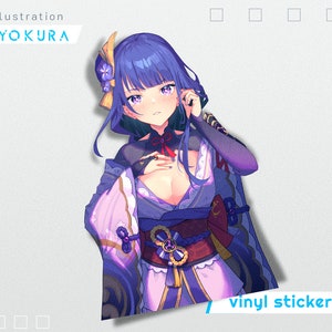 May include: A digital illustration of a woman with long blue hair wearing a purple and white kimono with a red sash. The illustration is labeled "_illustration /YOKURA/ vinyl sticker".